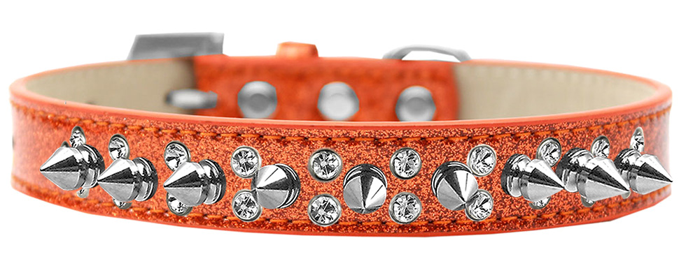 Double Crystal and Silver Spikes Dog Collar Orange Ice Cream Size 14